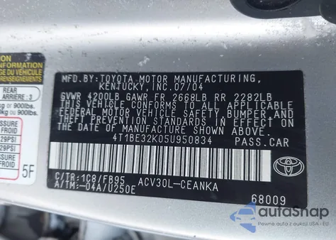 2005 Toyota Camry Le z USA, uszkodzony, nr VIN 4T1BE32K05U950834